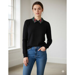 Club Monaco Embroidered collar black wool Sweater dark academia romantic Sz-S/P